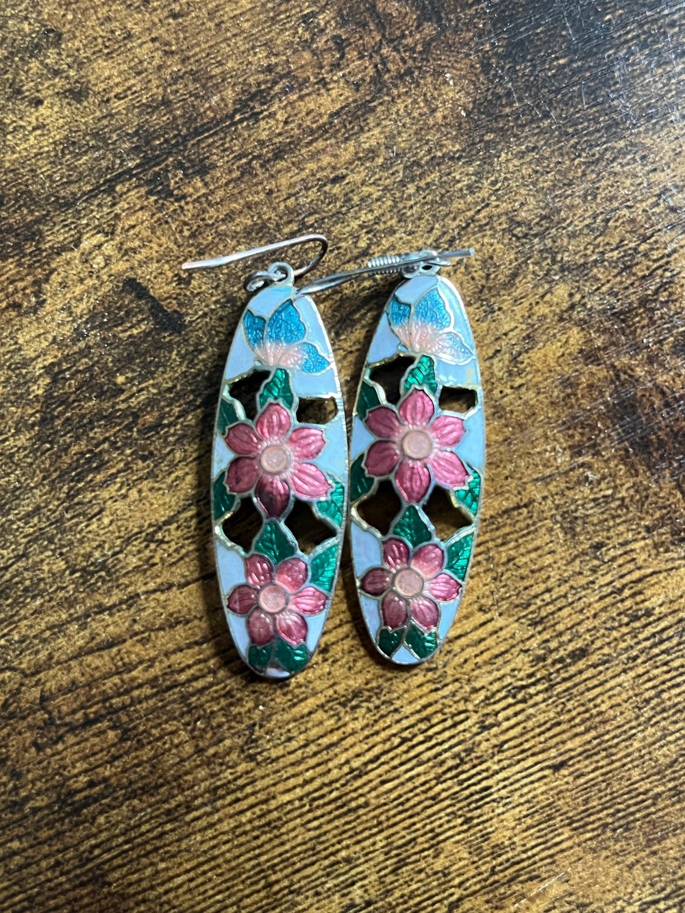 Vintage Floral Enamel Drop Earrings - Pink & Green